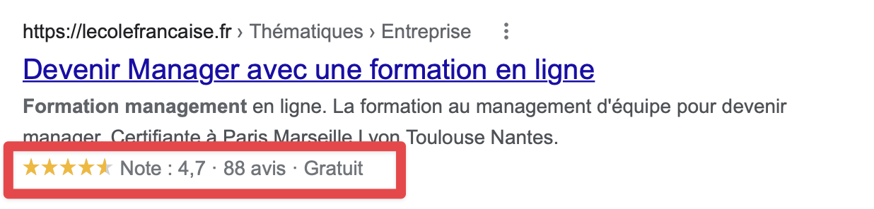 Illustration de l'affichage des balises schema dans les résultats de recherche google